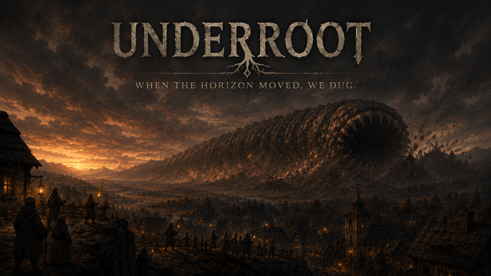 Underroot key art — the village above, the deep below, the Maw at the edge