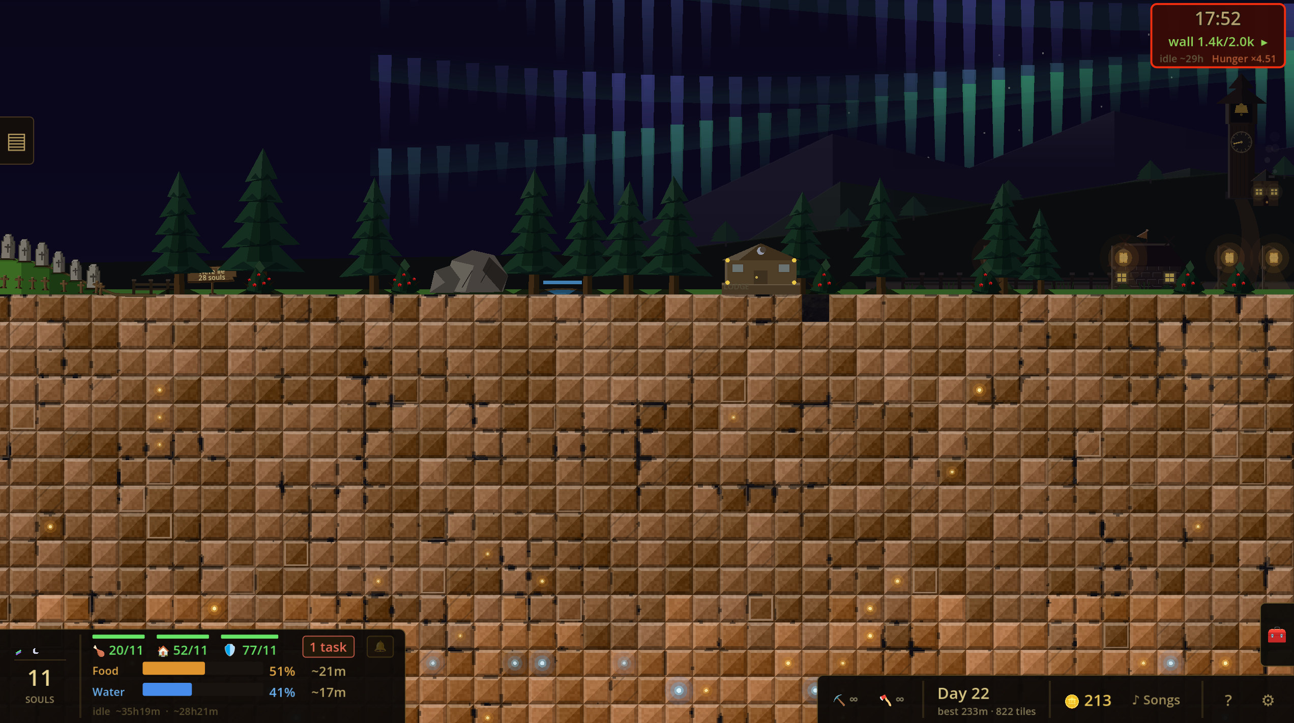 An aurora over the surface at night — pines, a lodge, and the dig shaft cut below