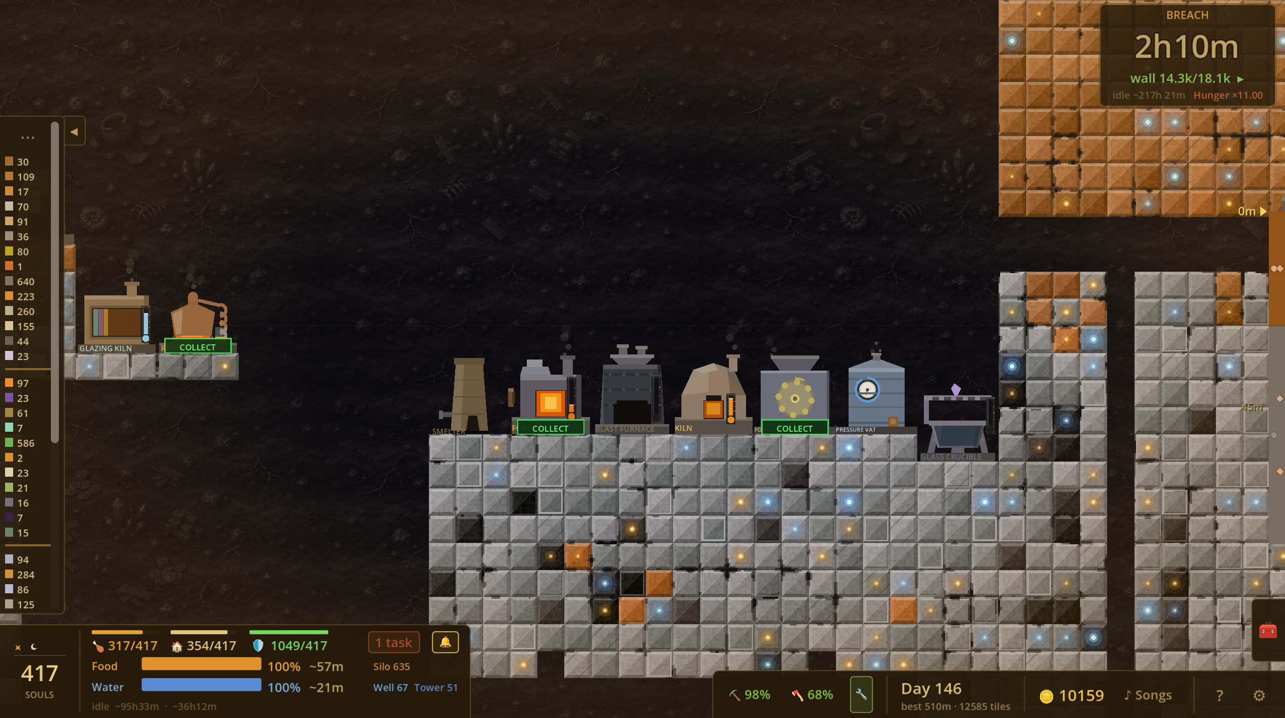 A row of processing machines set into the rock — smelter, blast furnace, kiln, pressure vat and glass crucible