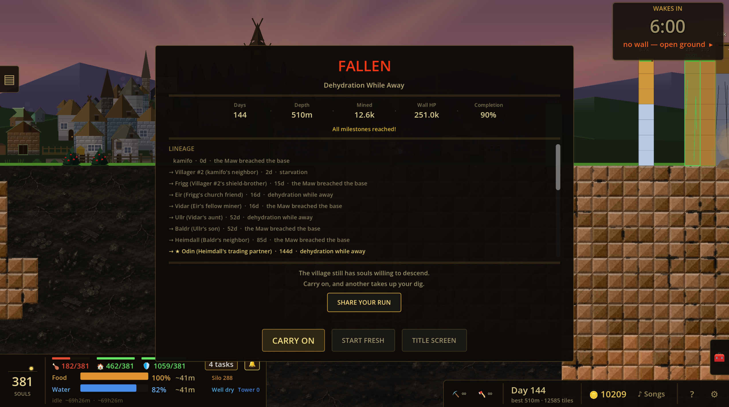 A run's end screen — the fallen digger's stats and the lineage of souls who took up the dig, with the option to carry on
