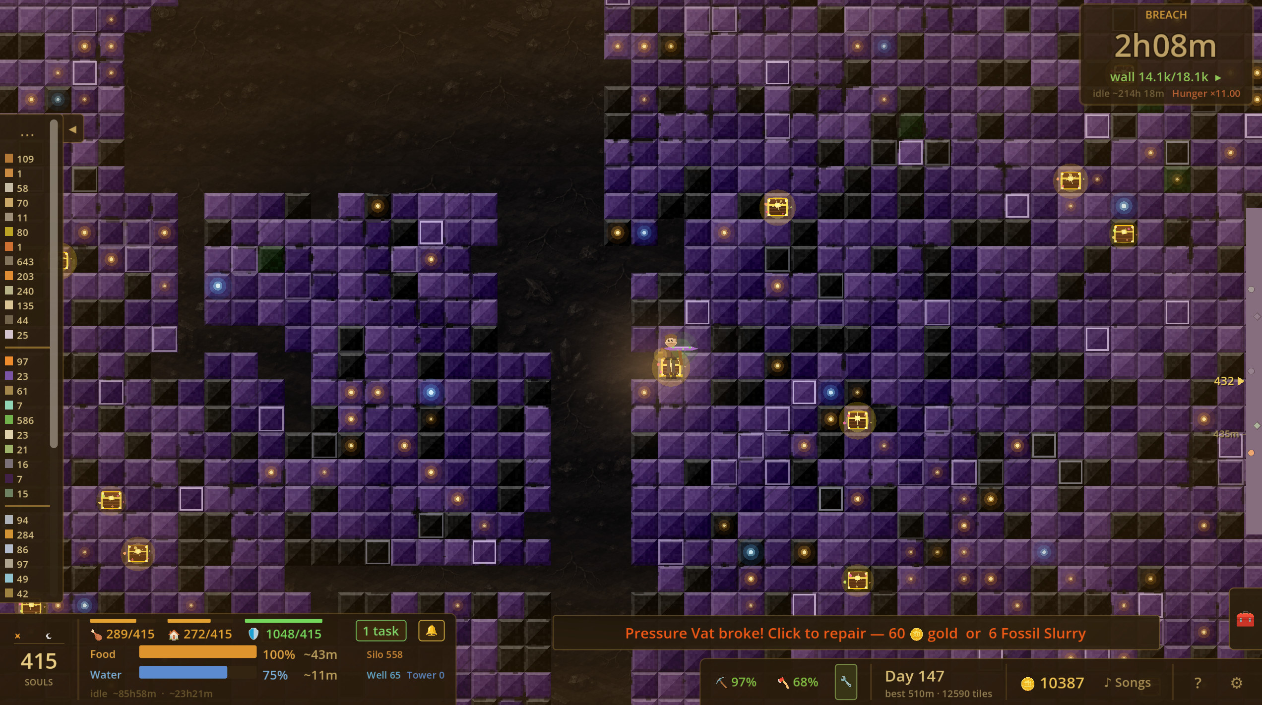 Deep in the amethyst layer, gold caches glowing across the purple rock