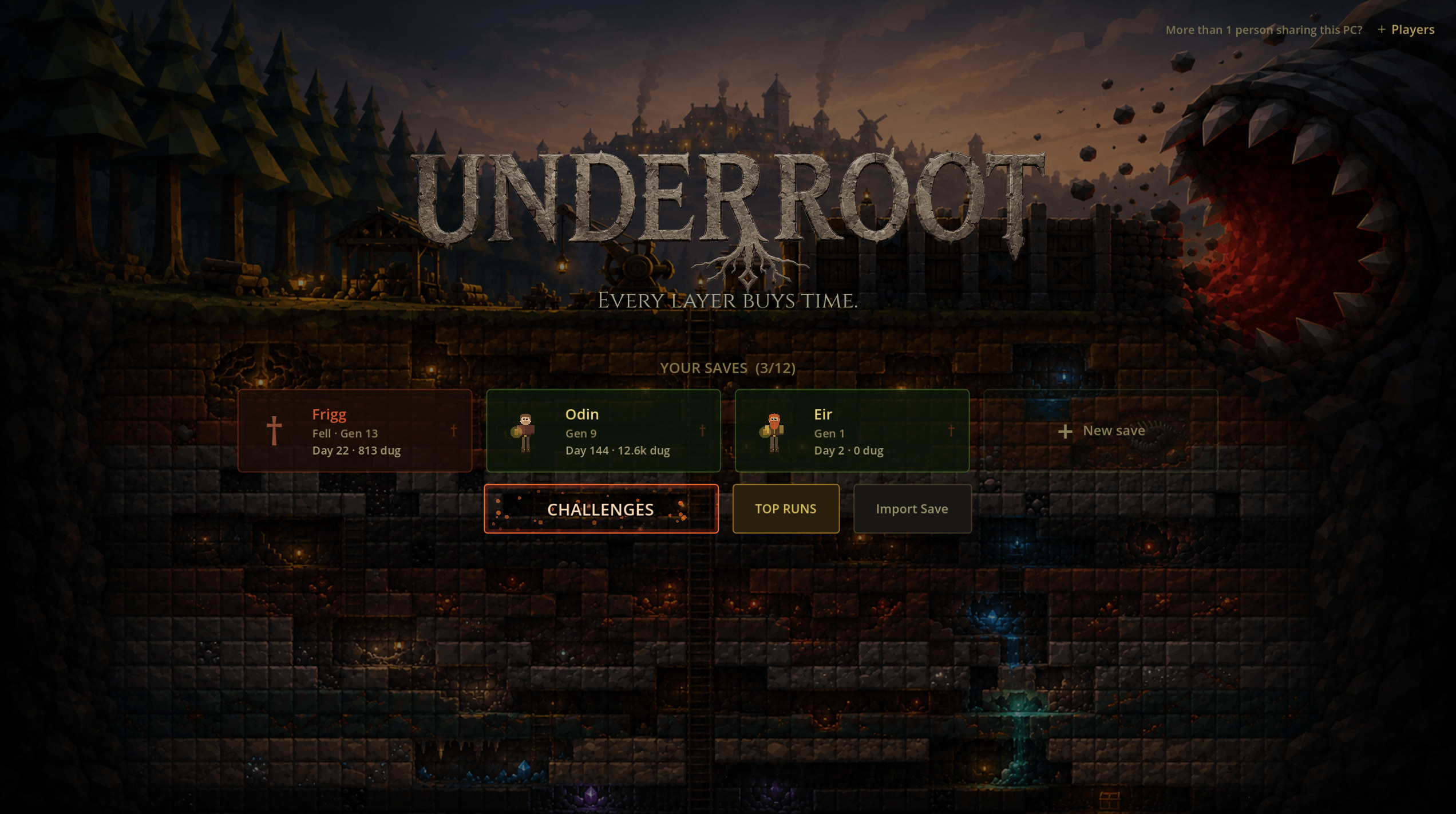 The Underroot title screen — the surface village and mine shaft, the Maw breaching at the right, with your saves and challenges
