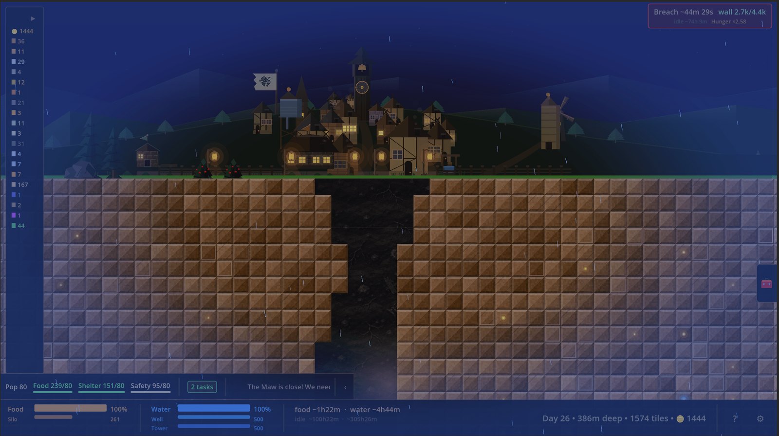 The village weathering a storm at night
