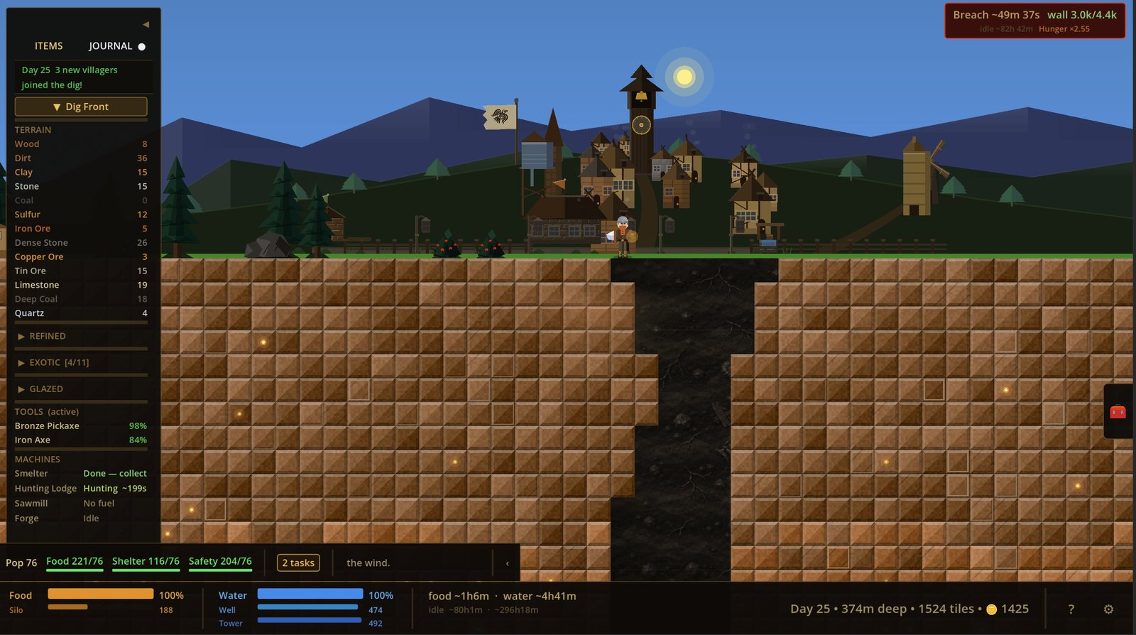 A thriving daytime village of timber houses and a windmill